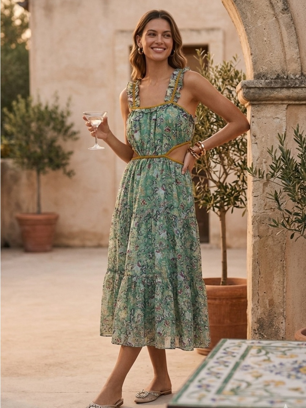 Current Air NWT Green Floral Ruffle Midi Dress with Cutout Waist